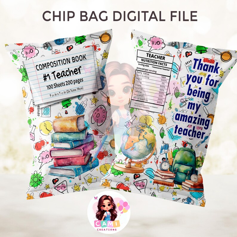 Puede incluir: Dise&ntilde;o de bolsa de patatas fritas imprimible con tem&aacute;tica escolar con una pila de libros, un globo terr&aacute;queo, un l&aacute;piz, una mochila, un reloj y una mascarilla. El texto en la bolsa dice "Gracias por ser mi incre&iacute;ble profesor".