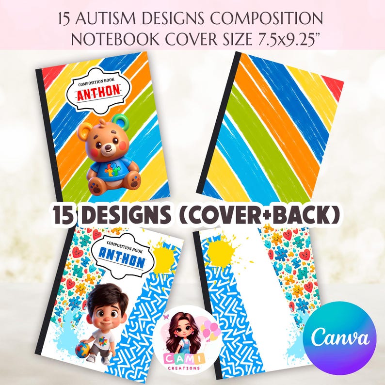 May include: Four composition notebooks with autism-themed designs. The covers feature colorful patterns, cartoon characters, and the text "ANTHON". The notebooks are 7.5 x 9.25 inches in size. The image also includes the text "15 AUTISM DESIGNS COMPOSITION" and "15 DESIGNS (COVER+BACK)".