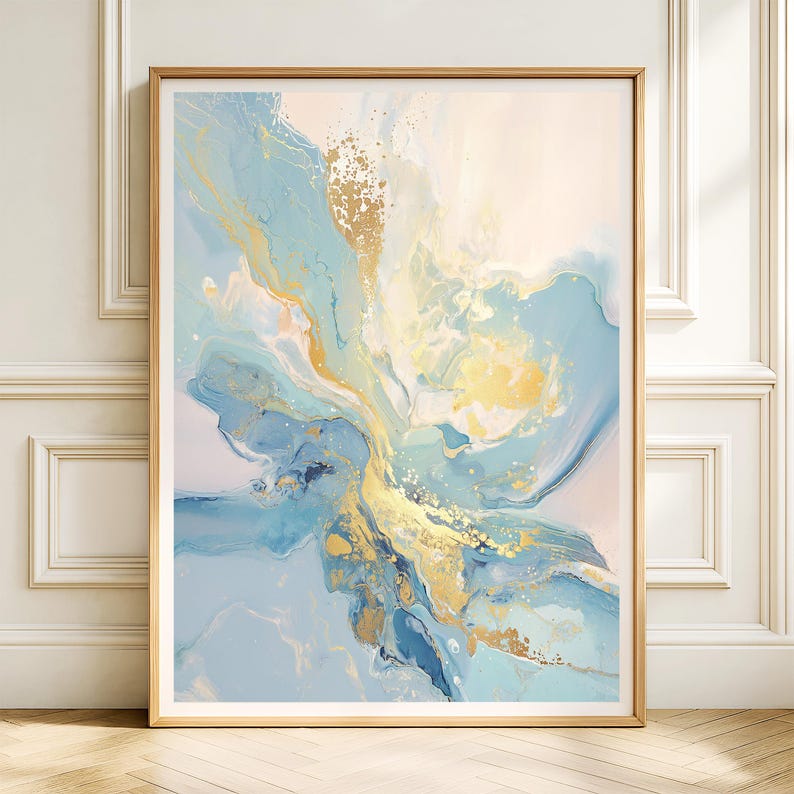 Abstract Ocean Wave Art Print – Blue Gold Metallic Watercolor - Etsy