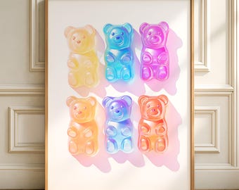 May include: A framed print featuring six colorful gummy bear candies. The bears are arranged in two rows of three, with colors including yellow, blue, purple, orange, and pink. The image has a soft, diffused lighting effect.