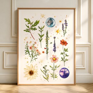 Himmlische botanische Wand-Kunst-Druck - Mond- und Blumen-Illustration, Boho-Sternendekor, kosmisches Kräutergarten-Poster