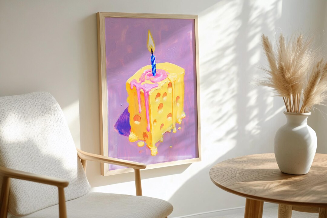 Cheese Birthday Cake Wall Art Print, Quirky Surreal Food Painting for ...