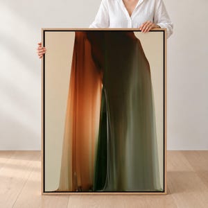 May include: A rectangular framed wall art piece featuring an abstract composition of flowing, translucent fabric-like layers in gradient shades of deep forest green, burnt orange, and soft beige, encased in a thin black frame.