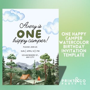 One Happy Camper Watercolor Birthday Invitation Template