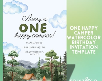 One Happy Camper Aquarell Geburtstagseinladungsvorlage