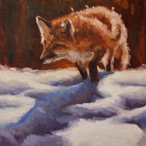 Anticipation, Red Fox Winter Oil Painting, Wildlife Snow Scene, Woodland Animal Art, Rustic Cabin Decor, Hunting Fox Artwork
