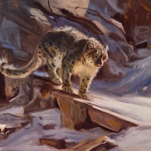 Sneeuwluipaard-olieverfschilderij, originele natuurkunst, bergkat, beeldende kunst, muurdecoratie