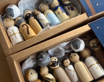 Hand-Painted Wooden Peg Nativity Set | Christmas Decor