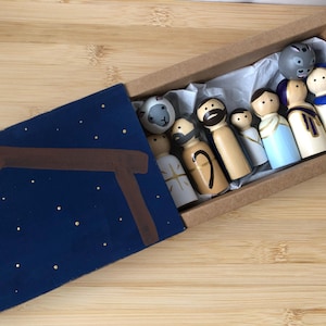 Wooden Peg Nativity | Hand Painted 9 Piece Nativity Set | Christmas Gift and Decor Nativity Scene