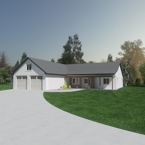 May include: A modern, white house with a gray roof and a two-car garage. A curved concrete driveway leads to the house, surrounded by green grass and trees. The sky is a gradient of blue and white.
