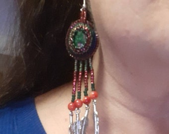 Native American bead embroidered ruby zoisite  earrings