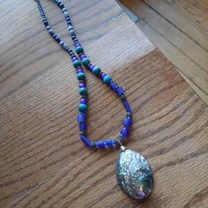 Indigenous made, abalone shell pendant with rare blue Russian trade beads necklace. image 2