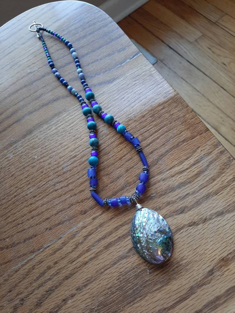 Indigenous made, abalone shell pendant with rare blue Russian trade beads necklace. image 2