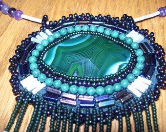 Native American Jewelry, Green agate bead embroidered statement necklace