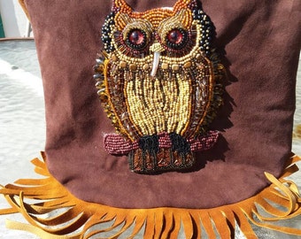 Sale 25% off - Leather Messenger Bag, Beaded Owl, medicine bag