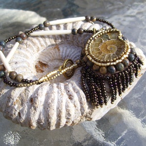Example...can make one similar. Native American Jewelry, Ammonite Necklace, this is a Shades of Brown mini bead fest entry for EBEG guild image 3