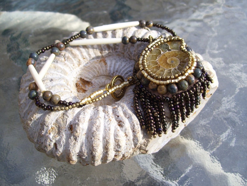 Example...can make one similar. Native American Jewelry, Ammonite Necklace, this is a Shades of Brown mini bead fest entry for EBEG guild image 3