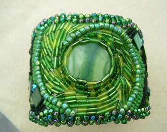 Green with Envy, bead embroidered cuff bracelet.