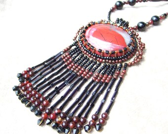 Example,made to order, Red River Agate Bead Embroidered Cabochon Necklace (Reserved)