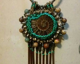 Ammonite bead embroidered necklace#1