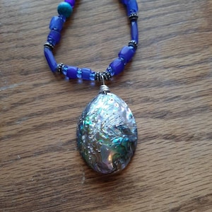 Indigenous made, abalone shell pendant with rare blue Russian trade beads necklace. image 1