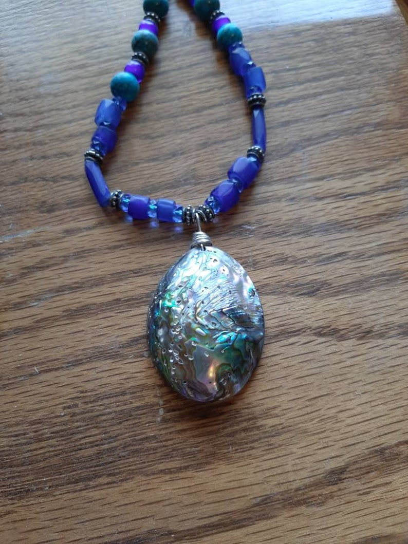 Indigenous made, abalone shell pendant with rare blue Russian trade beads necklace. image 1