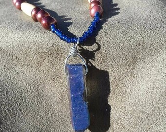 Titanium blue prism pendant, native american made, pearl beads and bone hair pipe and seed beads and tribal metal toggle clasp.