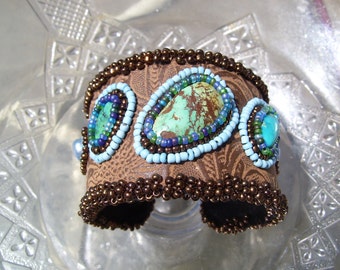 Native American made, Earthy turqouise bead embroidered cuff bracelet