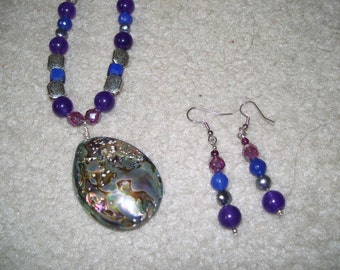 Example, Abalone, gemstones, freshwater pearsl, sterling silver necklace and earrings, custom order only.