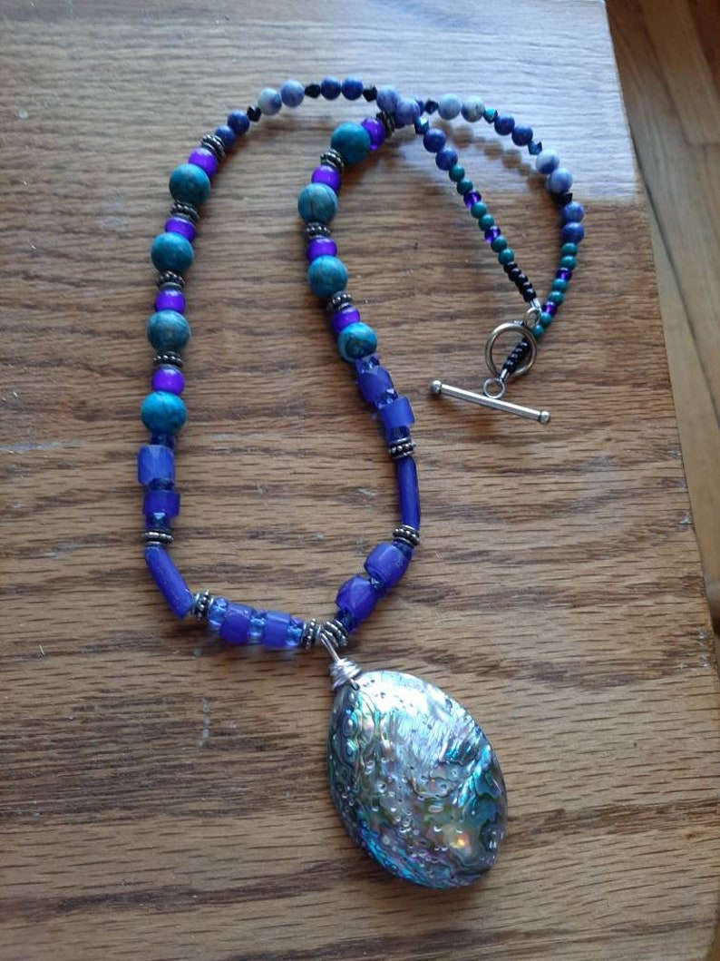 Indigenous made, abalone shell pendant with rare blue Russian trade beads necklace. image 4