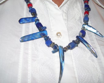 Native American made, Stunning Blue Russian trade beads, Red White heart trade beads, Lapis blue, blue shell, black seed bead necklace