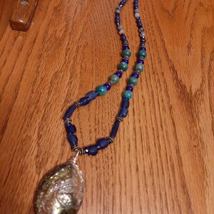 Indigenous made, abalone shell pendant with rare blue Russian trade beads necklace. image 6