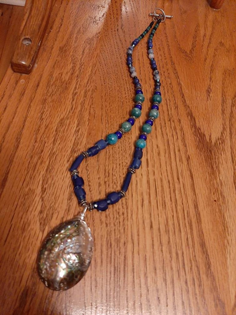 Indigenous made, abalone shell pendant with rare blue Russian trade beads necklace. image 6