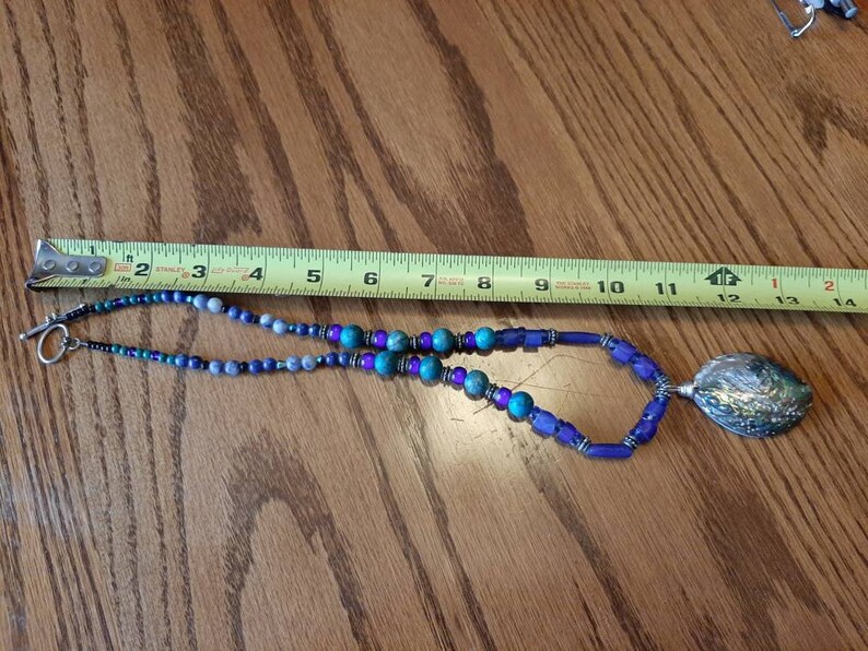 Indigenous made, abalone shell pendant with rare blue Russian trade beads necklace. image 5