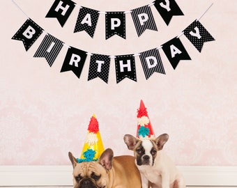 Happy Birthday Black & White Banner Bunting Laser Cut Felt 56 inches wide