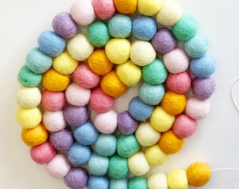 Large Felt Ball Garland Pastel Rainbow 3cm