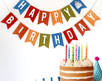 Happy Birthday Banner Pinstripe Cake Bunting Laser Cut Felt 56 inches wide