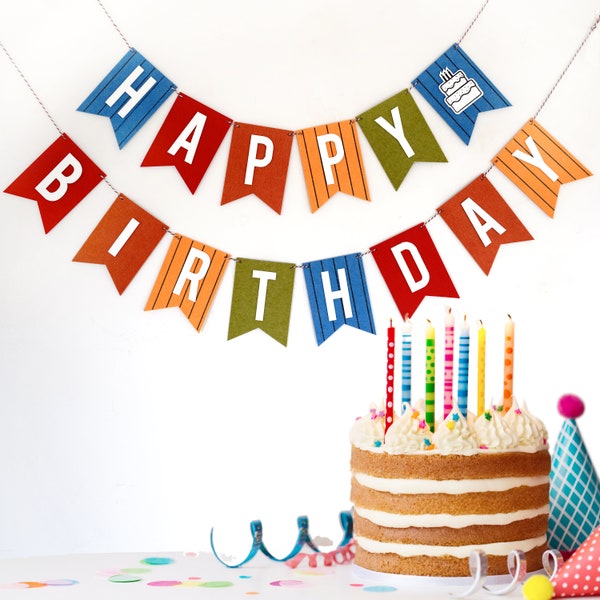 Happy Birthday Banner Pinstripe Cake Bunting Laser Cut Felt 56 inches wide