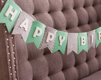 Happy Birthday Mint & Gray Banner Bunting Laser Cut Felt 56 inches wide