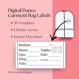 カスタムダンスガーメントバッグラベル、50種類以上のテンプレート（デジタルダウンロード）