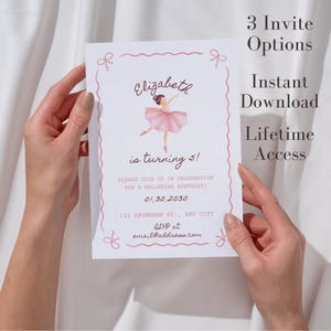 Sjabloon verjaardagsuitnodigingen ballerina, coquette verjaardag balletuitnodigt, uitnodigingskaarten voor 3 ballerina's sjablonen, cadeau danseres