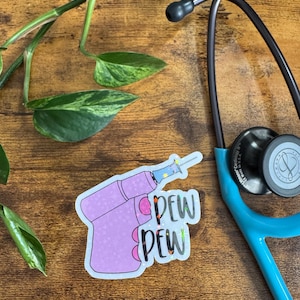 EMS Humor Vinyl Sticker: Pew Pew pink IO drill, Waterproof First Responder Decal