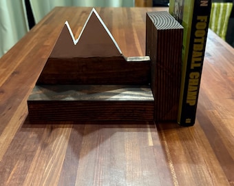 Handmade Wooden Mountain Bookends | Rustic Stained Book Holder Set
