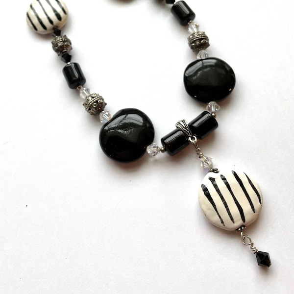 SALE - Black and White Kazuri beads with Seed Bead Necklace