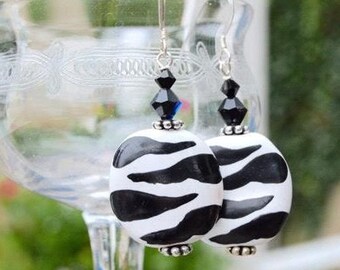 SALE-Black White Zebra Animal Kazuri Ceramic Earrings.