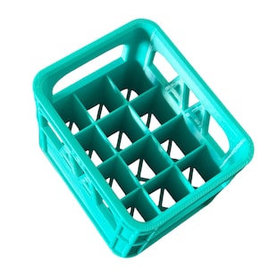 May include: A teal blue plastic crate with 12 compartments for holding bottles or cans.