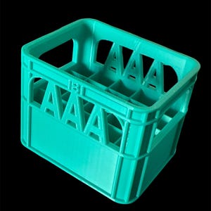 May include: A turquoise blue plastic crate with 12 compartments. The crate has a handle on the top and the number "131" printed on the side.