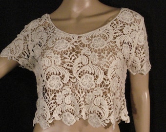 Crochet Cropped Top Scalloped edges Bohemian Chic Ivory Color M