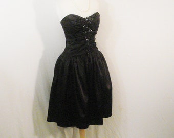 Black Satin Strapless Formal Dress Sequin Evening Wear Cocktail Party Dress S