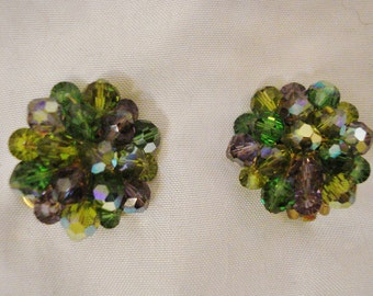 Clip on Earrings Vintage 50s Costume Jewelery Green & Purple Earrings